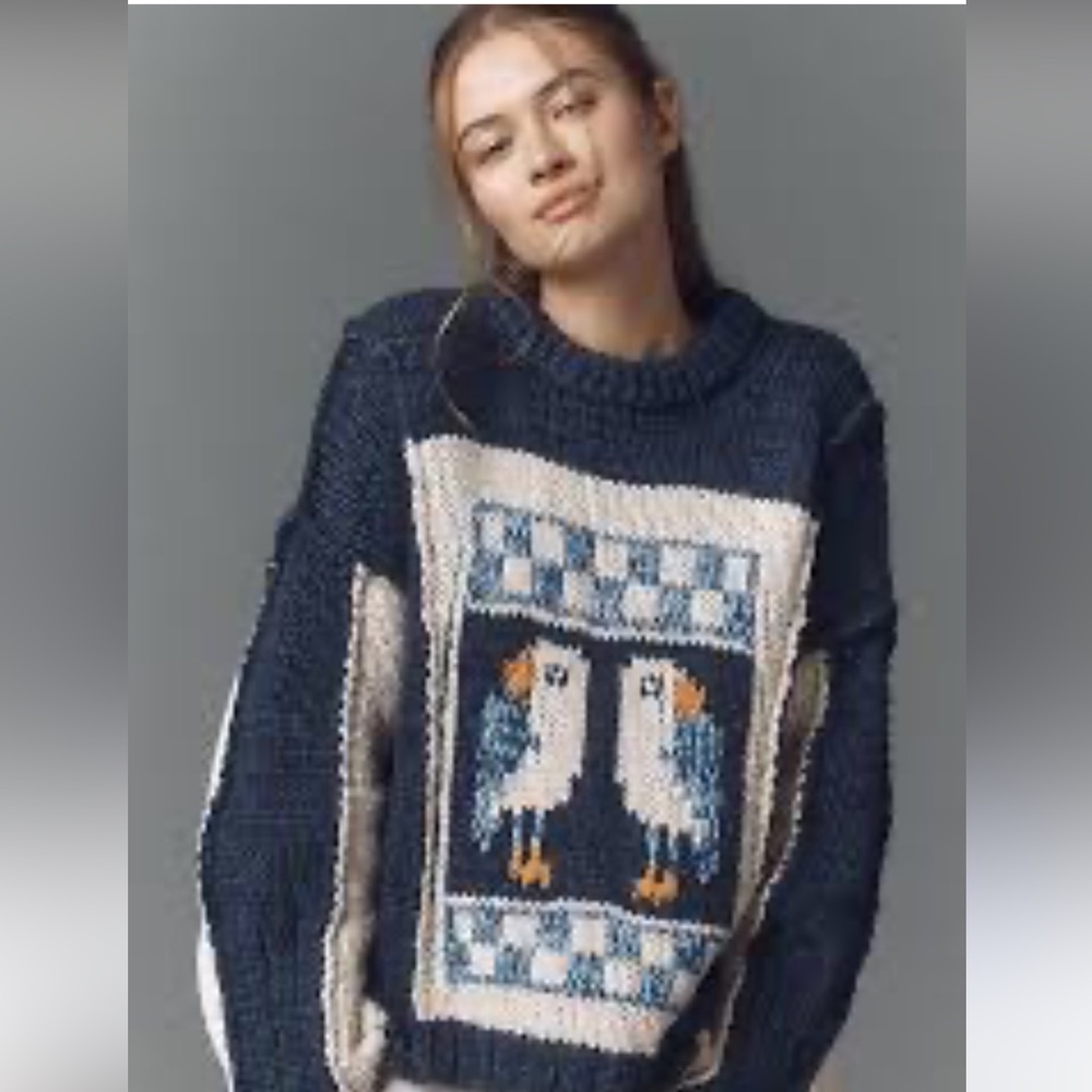 Anthropologie PILCRO Chunky Crew Neck Bird Knit Sweater